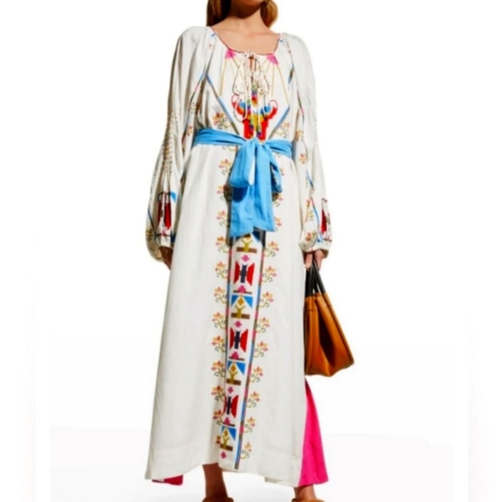 Farm Rio Macaw Embroidered Linen Caftan Maxi-Dress XL